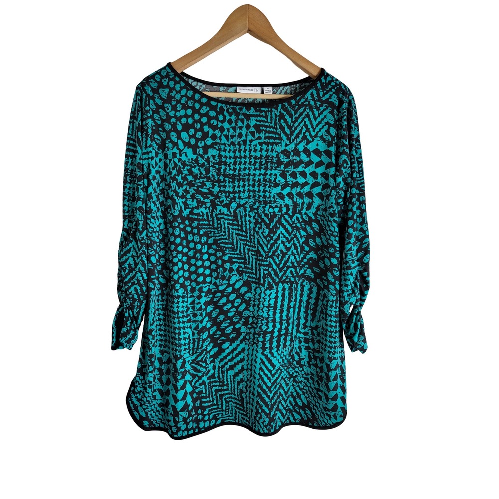 Susan Graver Liquid Knit Teal Black Abstract Geometric 3/4 Ruched Sleeve Top M